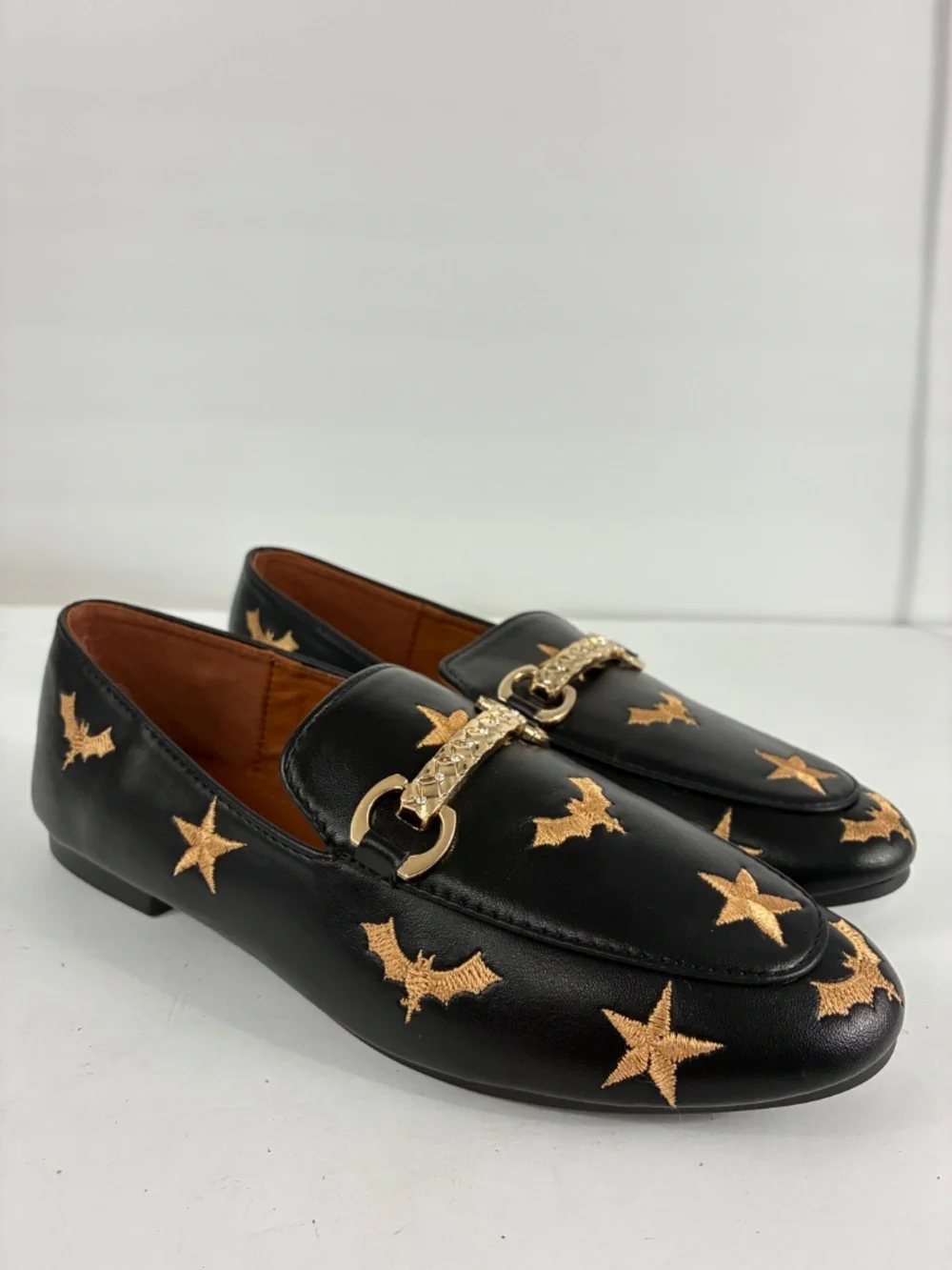 Bat Star Embroidered Loafers Black Horsebit Flat Slip On Shoes Smooth Leather